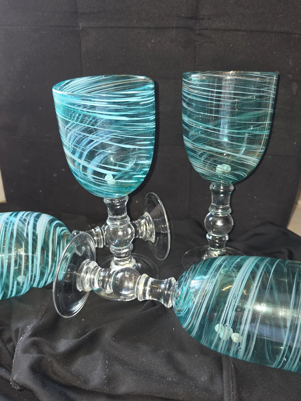 VTG Pier 1 Blue White Swirl Aventurine Water Goblets Set of 4